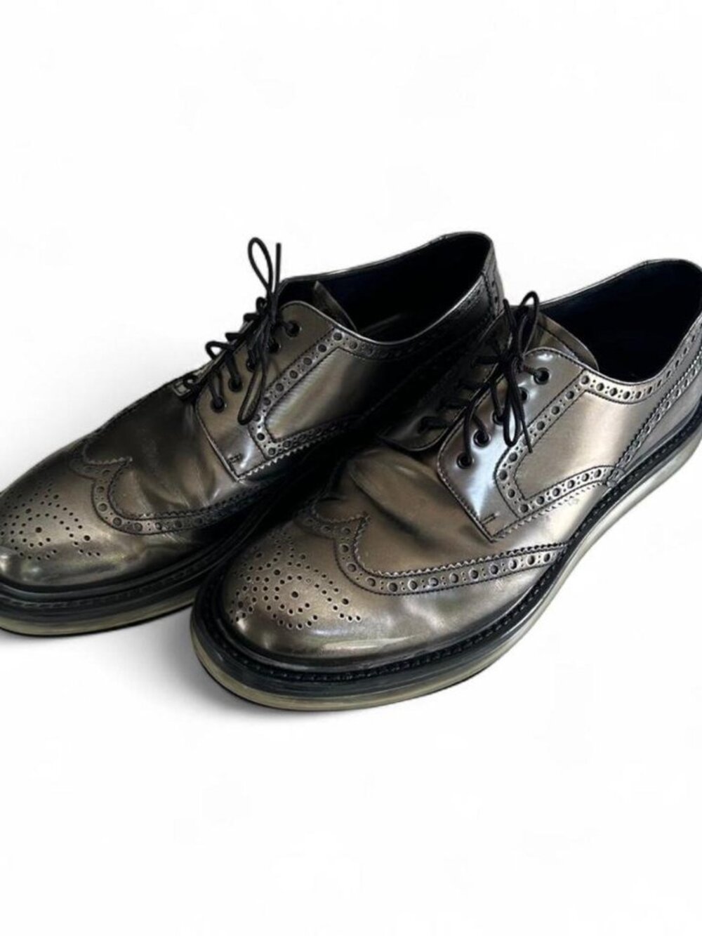 Prada Levitate Leather Brogues Metallic Silver Dress Shoes Mens US 9